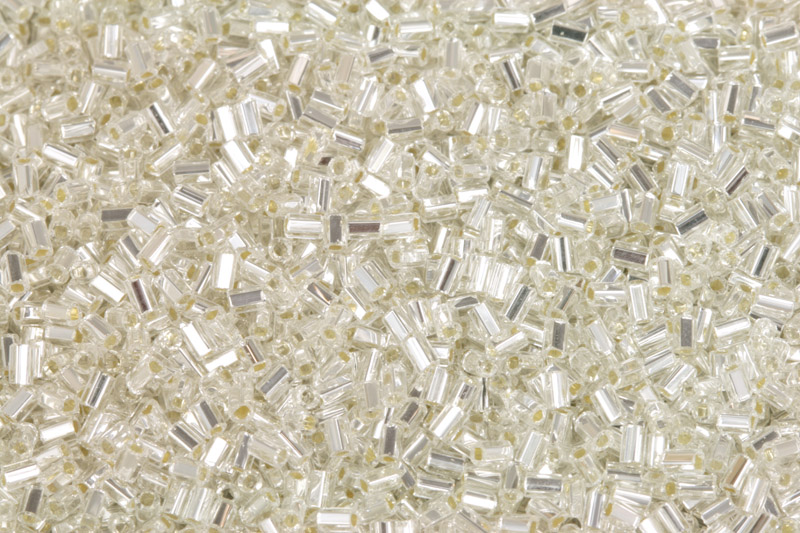 PRECIOSA Bugles-SH, rovné čípky 1" (2,3 mm), bal. 50 g - krystal, SL (stříbrný průtah)
