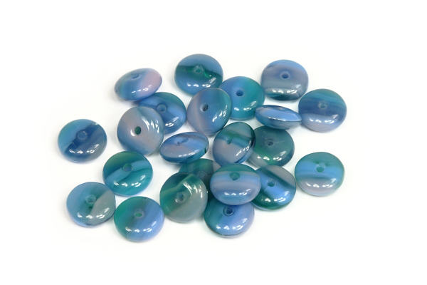 Mačkané korálky disk 6x2 mm, 68 ks/16 cm - fialovo-zeleno-modrá žíhaná