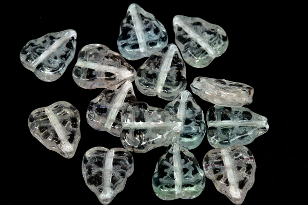 Mačkané korálky lísteček podélný 10x8 mm, 16 ks/16 cm - modře a růžově zabarvený krystal