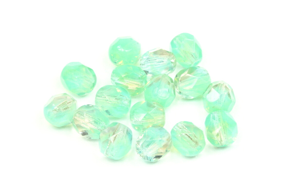Broušená kulička "ohňovka" 6 mm, 26 ks/16 cm - čiré/zelenomodré žíhané