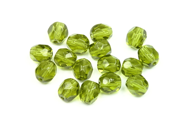 Broušené korálky ohňovky 6 mm, 27 ks/16 cm - transparentní olivínově zelená