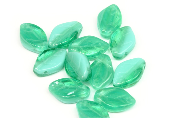 Mačkané korálky lísteček 12x7 mm, 20 ks - žíhaná modrozelená