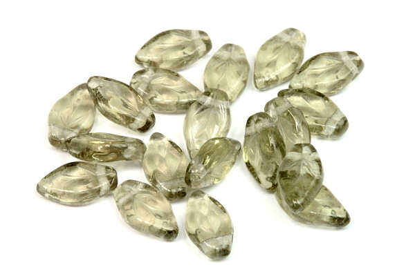 Mačkané korálky lísteček 10x6 mm, 30 ks - transparentní kouřově šedá