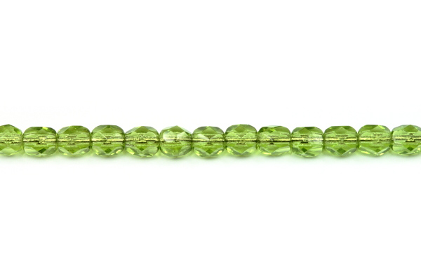 Broušené korálky ohňovky 4 mm, 40 ks/16 cm - transparentní olivínově zelená
