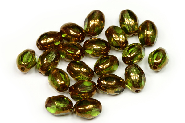 Ploškované korálky oliva 8x6 mm, 20 ks/16 cm - transparentní olivín s bronzovým listrem