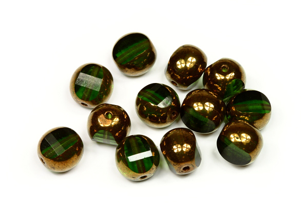 Ploškované korálky kulička 8 mm, 20 ks/16 cm - bronzový listr na olivínu