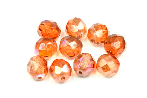 Broušené korálky ohňovky 8 mm, 20 ks/16 cm - krystal s AB a oranžovým listrem