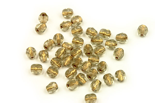 Broušené korálky ohňovky 4 mm, 40 ks/16 cm - transp. black diamond se zlatým průtahem