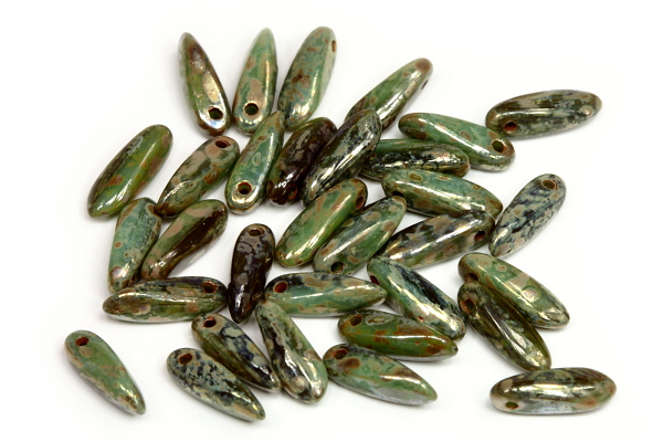 Mačkané jazýčky 3x11 mm, 35 ks - picasso na zelené žíhané