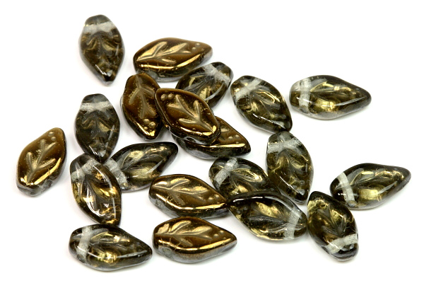Mačkané korálky lísteček 10x6 mm, 30 ks - půlpokov blue hematit na kouř. šedé