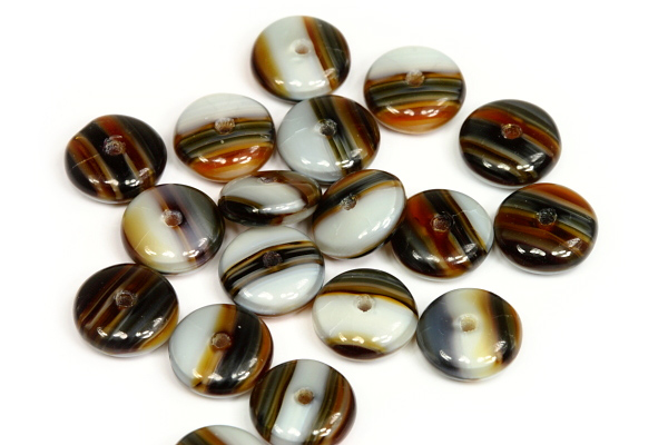 Mačkané korálky disk 8x3 mm, 51 ks/16 cm - sytá smetanovo-hnědá žíhaná