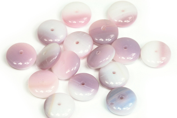 Mačkané korálky disk 9x3 mm, 46 ks/16 cm - sytá bílo-růžová žíhaná