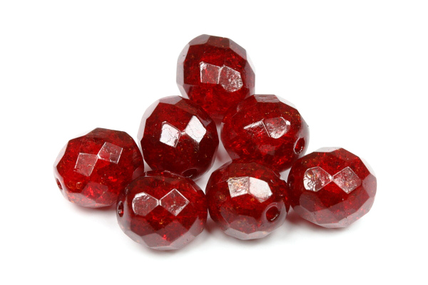 Broušená kulička ohňovka praskaná 10 mm, 16 ks/16 cm - transparentní granátově červená