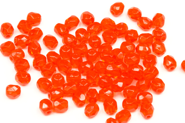 Broušená kulička ohňovka 4 mm, 40 ks/16 cm - transparentní oranžovočervená, hyacint