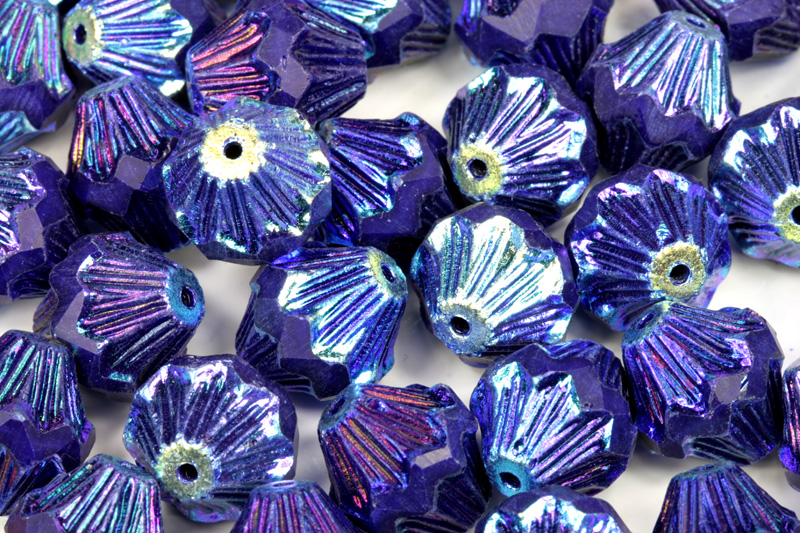 Broušená lucerna 12 mm, 5 ks - sytá modrá s duhovým půlpokovem