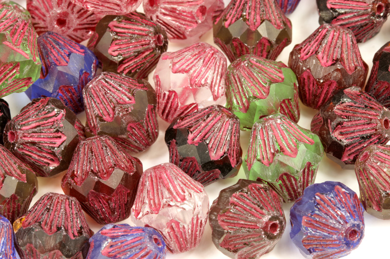 Broušená lucerna 12 mm, 5 ks - matný transparentní mix s vínově červeným zatíráním