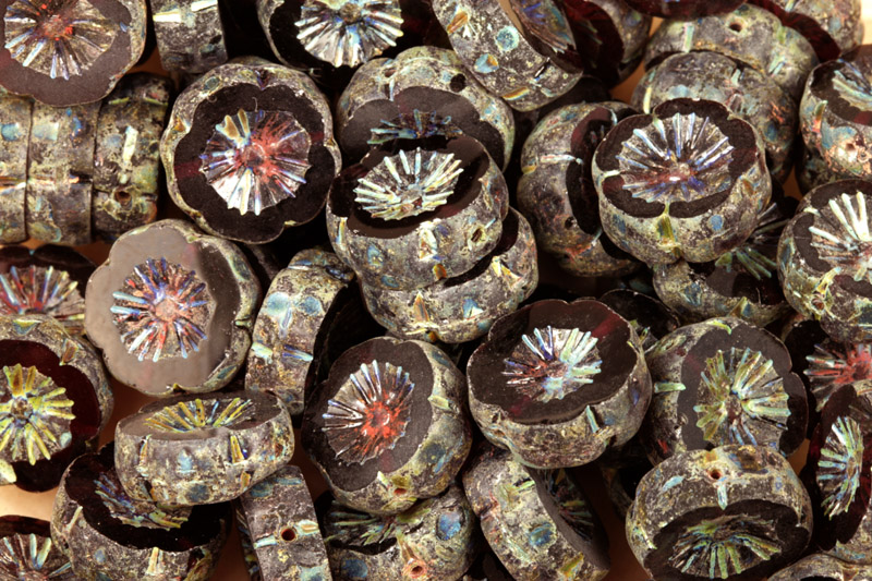 Ploškované korálky květinka 14 mm, 5 ks - transp. tmavě fialová, ametyst s travertinem