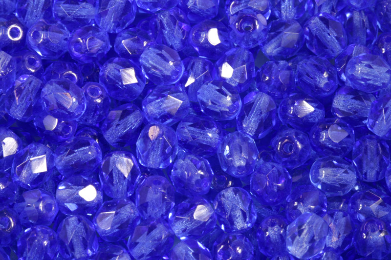 Broušené korálky ohňovky 6 mm, 27 ks/16 cm - transparentní safírově modrá