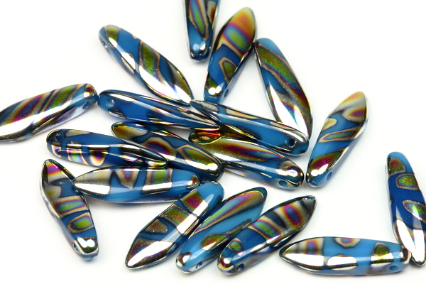 Mačkané jazýčky 5x16 mm, 25 ks - alabastr akvamarín s AB vzorem