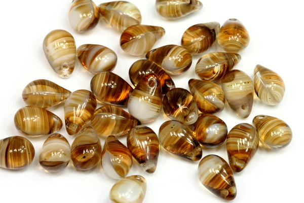 Mačkané korálky slzičky, hrušky, 6x9 mm, příčná dírka, 35 ks - hnědý achát