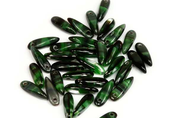 Mačkané jazýčky 3x11 mm, 35 ks - zeleno-černé žíhané měsíční sklo