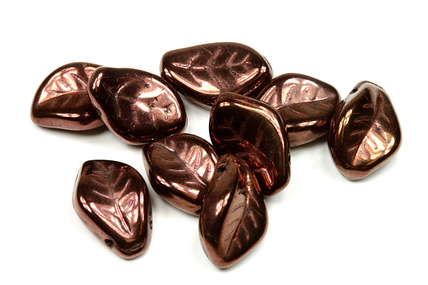 Mačkané korálky lísteček 9x14 mm, 10 ks - bronzový listr na černé
