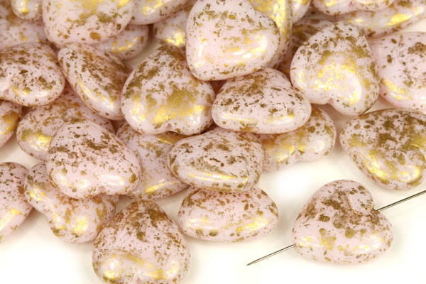 Mačkané korálky srdce 15x16 mm, 5 ks - zlatý granit na světle růžovém opálu