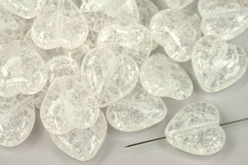 Mačkané korálky srdce 15x16 mm, 5 ks - praskaný krystal