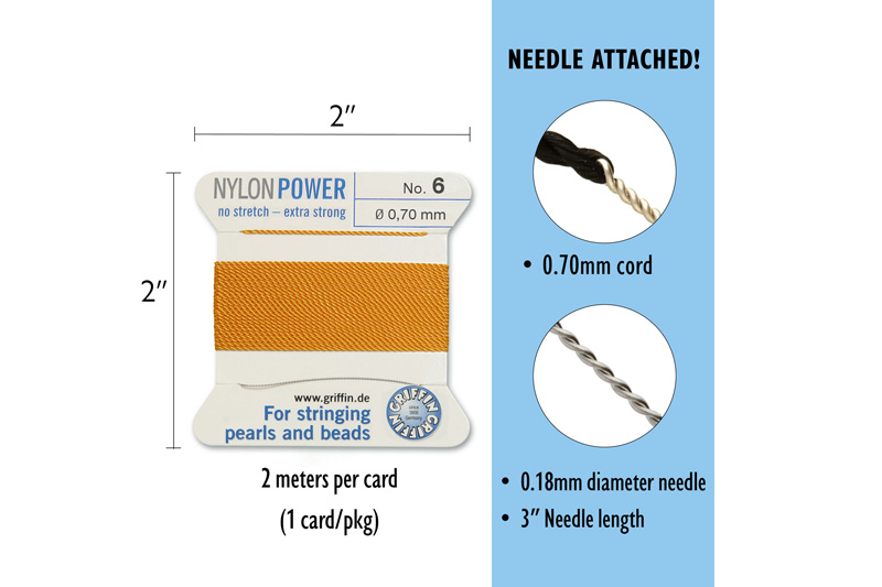 NylonPower (Griffin), stáčená nylon. šňůra s jehlou No.6 (0,7mm), 2m - jantar (amber)