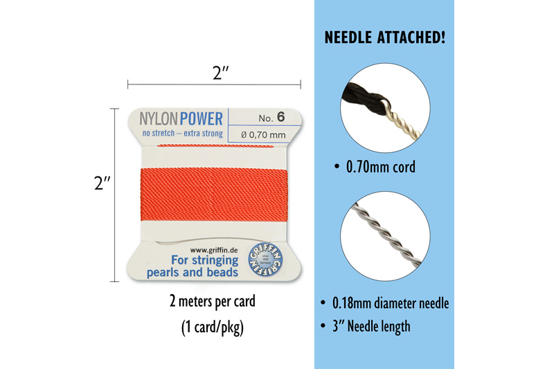 NylonPower (Griffin), stáčená nylon. šňůra s jehlou No.6 (0,7mm), 2m - korálová (coral)