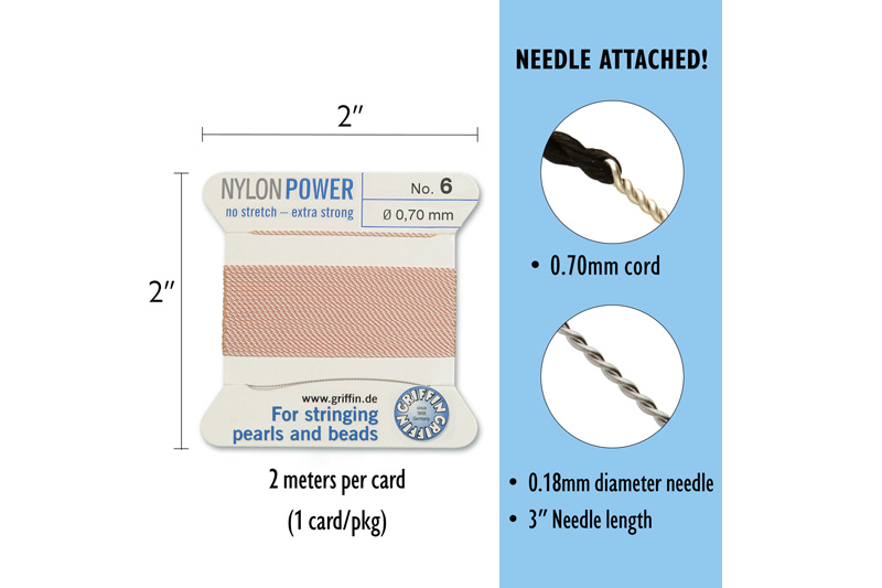 NylonPower (Griffin), stáčená nylon. šňůra s jehlou No.6 (0,7mm), 2m - sv. růžová (l.pink)
