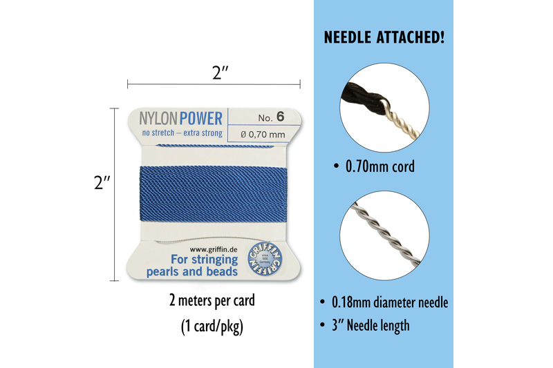 NylonPower (Griffin), stáčená nylon. šňůra s jehlou No.6 (0,7mm), 2m - modrá (blue)