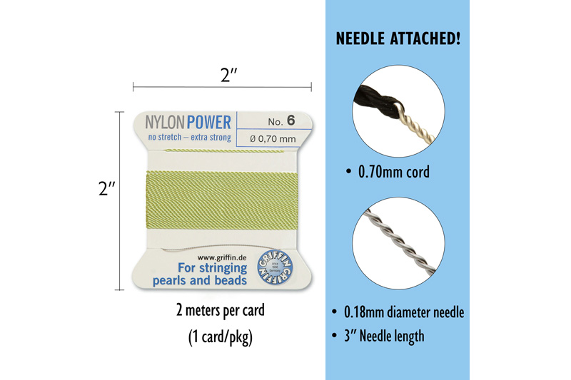 NylonPower (Griffin), stáčená nylon. šňůra s jehlou No.6 (0,7mm), 2m - zelená (jade green)