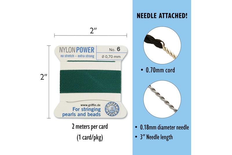 NylonPower (Griffin), stáčená nylon. šňůra s jehlou No.6 (0,7mm), 2m - zelená (green)