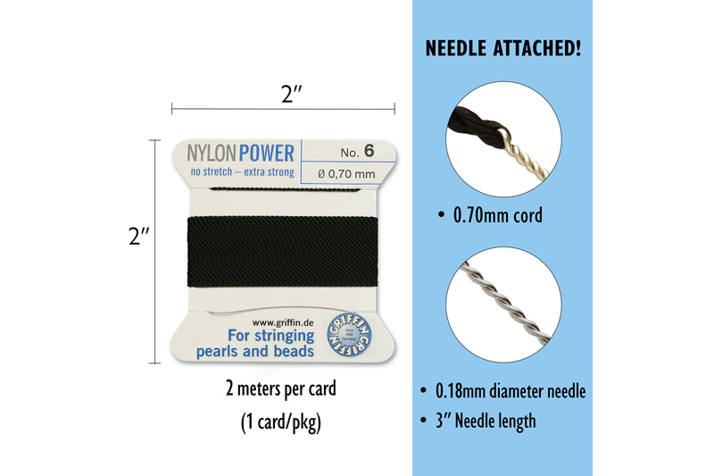 NylonPower (Griffin), stáčená nylon. šňůra s jehlou No.6 (0,7mm), 2m - černá (black)