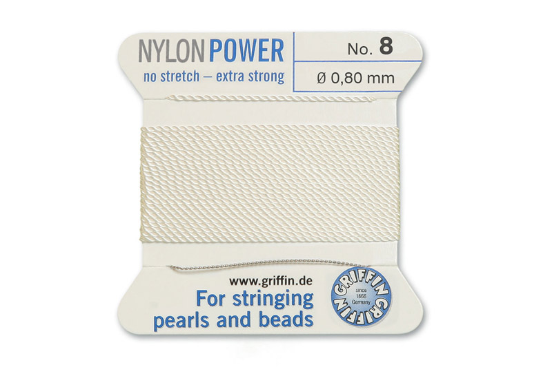 NylonPower (Griffin), stáčená nylon. šňůra s jehlou No.8 (0,8mm), 2m - bílá (white)