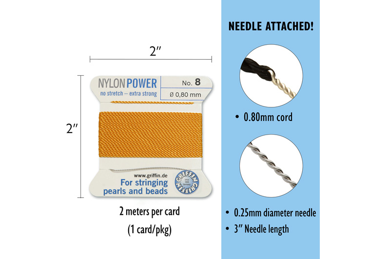 NylonPower (Griffin), stáčená nylon. šňůra s jehlou No.8 (0,8mm), 2m - jantar (amber)
