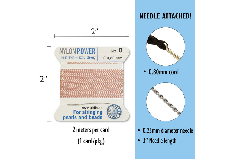 NylonPower (Griffin), stáčená nylon. šňůra s jehlou No.8 (0,8mm), 2m - sv. růžová (l.pink)