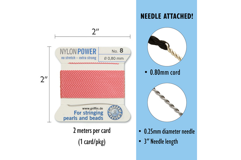 NylonPower (Griffin), stáčená nylon. šňůra s jehlou No.8 (0,8mm), 2m - tm. růžová (d.pink)