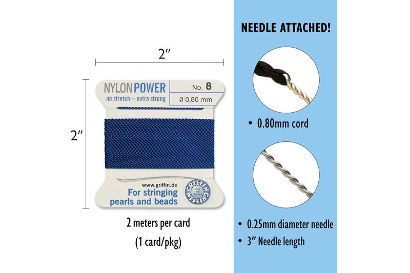 NylonPower (Griffin), stáčená nylon. šňůra s jehlou No.8 (0,8mm), 2m - t.modrá (dark blue)
