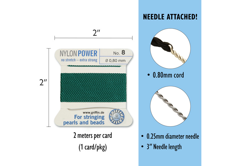 NylonPower (Griffin), stáčená nylon. šňůra s jehlou No.8 (0,8mm), 2m - zelená (green)