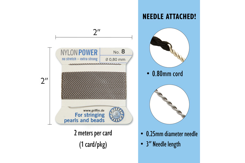 NylonPower (Griffin), stáčená nylon. šňůra s jehlou No.8 (0,8mm), 2m - šedá (grey)