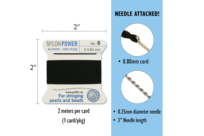 NylonPower (Griffin), stáčená nylon. šňůra s jehlou No.8 (0,8mm), 2m - černá (black)