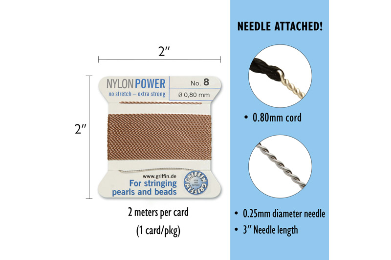 NylonPower (Griffin), stáčená nylon. šňůra s jehlou No.8 (0,8mm), 2m - béžová (beige)