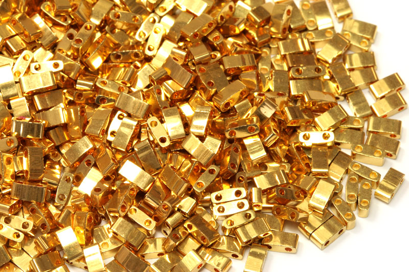 Dvoudírkové korálky Miyuki Half Tila 2,3x5 mm, 24KT Gold Plated (TLH191), 3 g