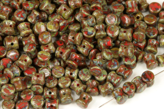 Preciosa Pellet™ 4x6 mm, 30 ks - sytá korálově červená s travertinem