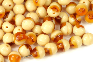 Mačkané korálky kuličky 8 mm, 20 ks/16 cm - sytá/transp. béžovo-hnědá žíhaná