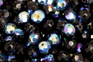 Broušená kulička ohňovka 8 mm, 20 ks/16 cm - sytá černá s duhovým dekorem AB