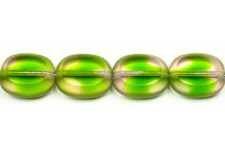 Ploškované korálky ovál 14x12 mm, 1 ks - transp. růžovo-zelená žíhaná, matný okraj