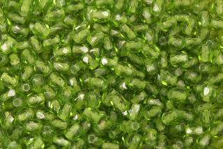 Broušené korálky ohňovky 4 mm, 40 ks/16 cm - transparentní olivínově zelená